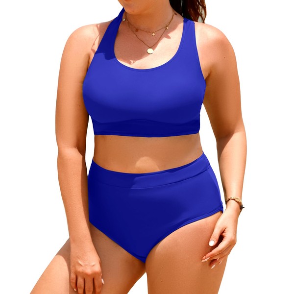 Aqua Eve - Traje de baño de dos piezas de cintura alta con cuello redondo, traje de baño deportivo, Azul Real, 20 Plus