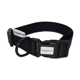 HugglePets Snappy Black Medium 30-50cm Dog Collar | Adjustable Weatherproof Collar with Accessory Ring | Woven Fabric Collar | Small Medium Large Dogs