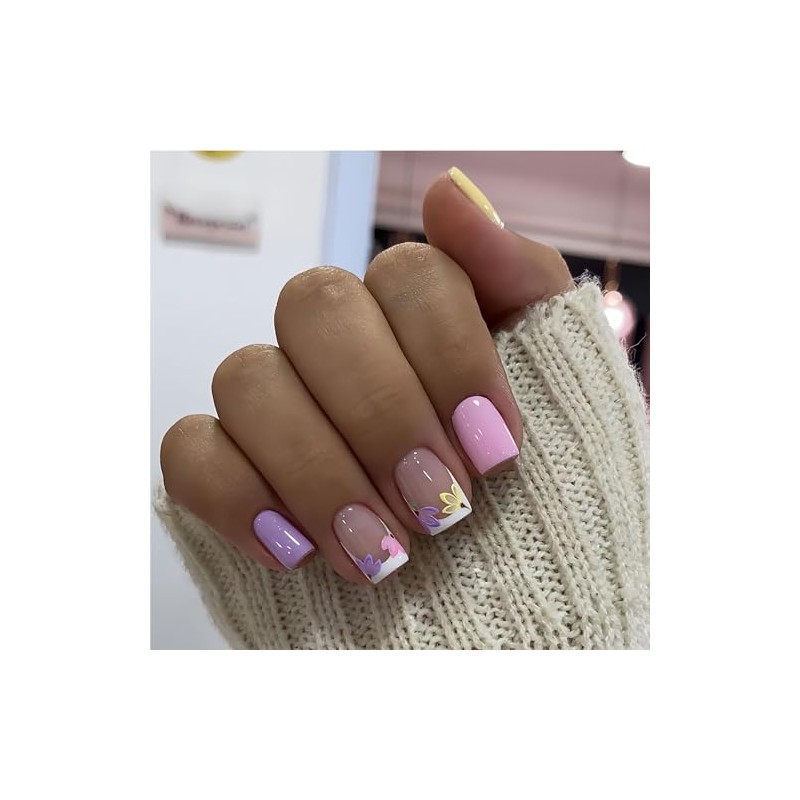 BFY Summer Press on Nails Short Square Fake Nails, Cute