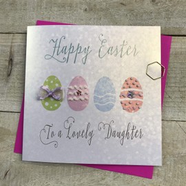 WHITE COTTON CARDS DAUGHTER PASTEL EGGS EASTER CARD, HAND FINISHED (EB3-D)