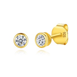 Lavishe 14K Gold Plated 925 Sterling Silver Cubic Zirconia Round Bezel Set Stud Earrings, 3mm Stone