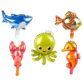 5 Pack Marine Sea Animals Foil Balloons Shark Octopus Sea Horse Tropical Fish Lobster Mylar Balloons for Hawaii Birthday Party Favors Ocean Carnival Festival Decoration (Mini)