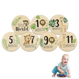7 Pcs Wooden Baby Monthly Milestone Cards Set,Double-Sided Monthly Newborn Welcome Signs 1-12 Months,Reversible Circle Discs with Cute Prints for Photography Props Nursery Decor Baby Shower Gifts