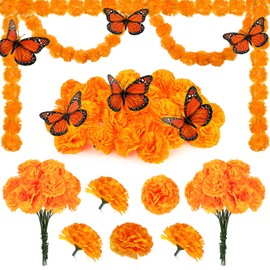 Hanaive 38 Pcs Day of The Dead Decorations Set 2 Artificial 4.9 ft Marigold Garlands, 30 Fake Marigold Flowers, 6 Monarch Butterfly Decorations for Diwali and Dia De Los Muertos (Orange)