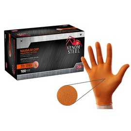 Venom Steel Orange Nitrile Gloves, 8 mil Thick, 100 Count, Maximum Grip Textured Disposable Gloves, Puncture and Rip Resistant, Hi-Visibility Orange, One Size Fits Most
