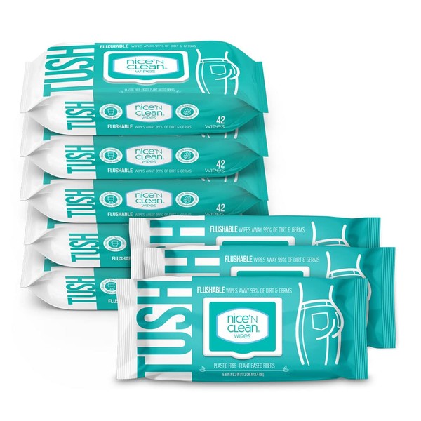 Nice 'N Clean Adult Flushable Wipes (8 x 42 Count) | Personal Cleansing Wipes Made from Plant-Based Fibers | Infused with Aloe & Vitamin E