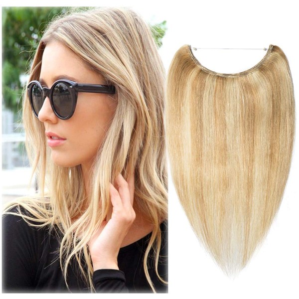 16-22inch Hidden Wire Hair Extensions Highlighted Human Hair Crown in Hairpiece Secret Translucent Fish Line No Clip Miracle Headband - 20" Light Ash Blonde&Bleach Blonde 18&613#