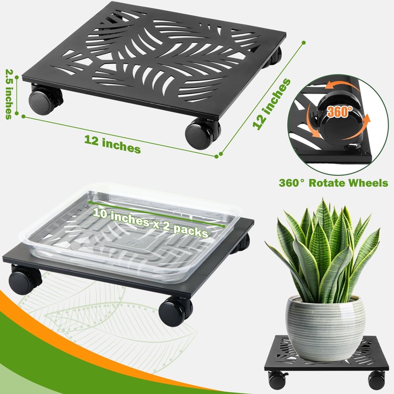 2 Packs 12" Metal Square Plant Caddy with Wheels Large