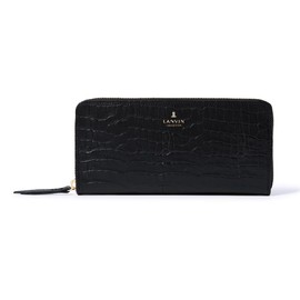 Lanvin Collection 65-6715 Women's Long Wallet, Round Zipper, Lamer Purse, Genuine Leather, Made in Japan, Crocodile-Embossed Cowhide Leather, [10] Black