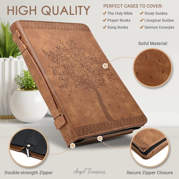 ‘Angel Treasures’ Bible Cover with Engraved Tree of Life Design| Genuine Faux PU Leather Book Protector Case with Handle, Zipper, Pockets & Pen Slots
