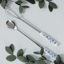 Golden Bell Butterfly Blue Ceramic Long Spoon + Mini Whisk / 골든벨 버터플라이 블루 도자기 롱스푼+미니거품기