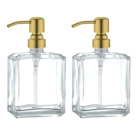 JINCROP 13.5 OZ Glass Soap Dispenser- 2 Pack with Brushed Gold Pump - Refillable for Kitchen and Bathroom - for Hand Soap, Dish Soap, Lotion