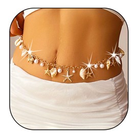 Aiosy Seashell Starfish Waist Chain for Women Boho Conch Body Chains Gold Belly Chain Summer Beach Pearl Body Jewelry (1-Layer)