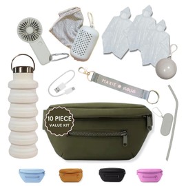 Maxie & Nova Theme Park Essentials Fanny Pack for Women -10 Pieces, Cruise Ship Essentials including USB Fan, Collapsible Water Bottle, Disposable Ponchos, Cooling Towel, Silicone Straw - (Green)