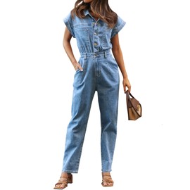 Tongmingyun Women's Cap Sleeve Denim Jumpsuit Button Down Straight Leg Jeans Long Pants Rompers with Pockets