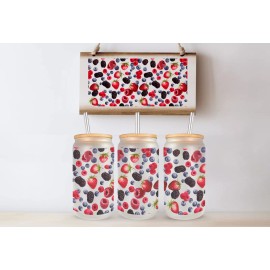Mugzan Assorted Berries Frosted Glass Can W Bamboo Lid 16 Oz Glass Cup by Mugzan