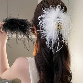 Metmejiao Ostrich Feathers Hair Claw Clips Strong Hold Nonslip Hair Jaw Clips Barrettes Hairgrip Clamp Hair Styling Accessories for Girls Women Ladies White Hair Clamps Hair Accessories