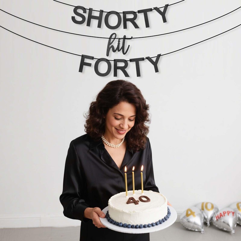Shorty Hit Forty Birthday Banner, Pre-Threaded Black Glitter 40 Birthday