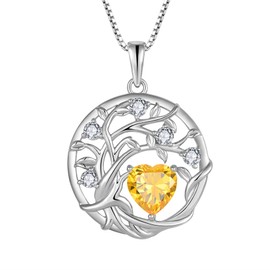 FJ Tree of Life Necklace Women's 925 Sterling Silver Tree of Life Necklace Pendant Birthstone Jewellery Gifts for Women, Cubic Zirconia, Citrine