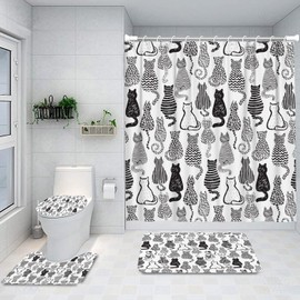 Azppsad 4Pcs Shower Curtain Sets, Black and White Doodle Cats Bathroom Decor Set with Rugs and Accessories, Bathroom Decor Sets, 72 X 72 Inches