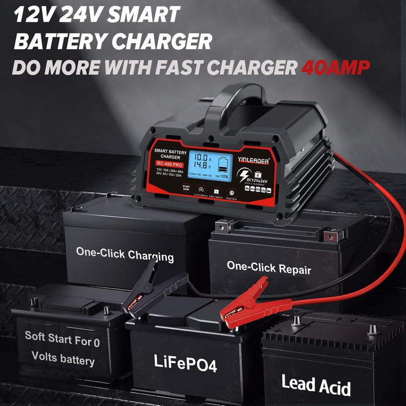 Battery Charger 40A, 12V/24V Lead Acid Smart Battery Charger, 12V