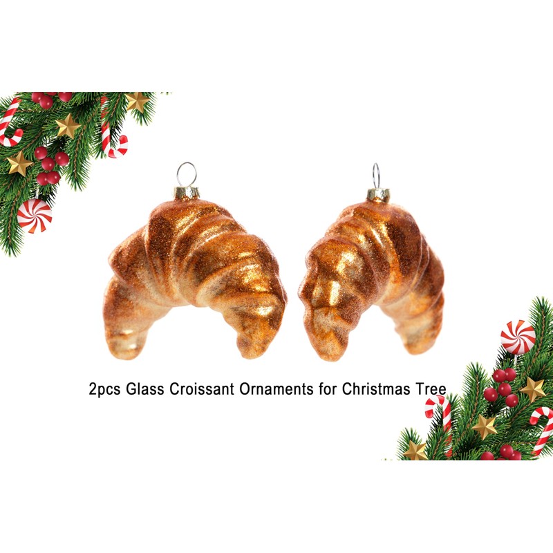 2 Count Hand Blown Glass Croissant Bread Christmas Ornaments for