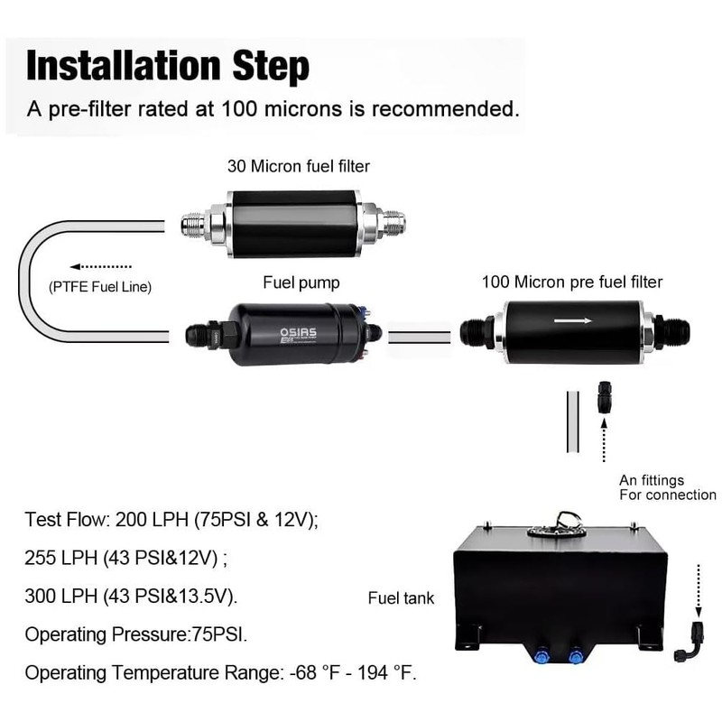 OSIAS External Fuel Pump EFI 380LH 1000HP High Flow 12V