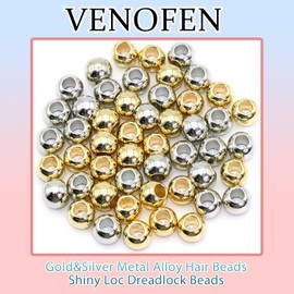 VENOFEN 50PCS Hair Beads for Braids Gold Dreadlock Beads Silver Loc Jewelry Metal Beads for Hair Braids Accessories Hair Decoration for Women and Girls