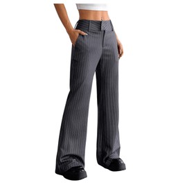 MakeMeChic Women's Striped Dressy Pants Straight Leg Work Office Long Trousers Dark Grey Small