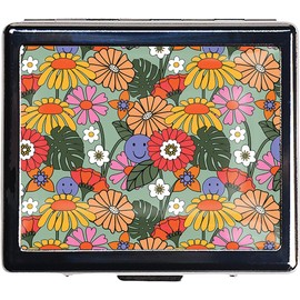 DingRound Silver Vintage Pill Box 7 Day Metal Pill Box with Mirror and 8 Compartments Cute Travel Pill Organizer for Purse (Retro Summer Floral)