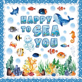 JarThenaAMCS 112Pcs Ocean Fish Bulletin Board Decor Set Watercolor Sea Animals Paper Cutouts with 200Pcs Glue Points Under The Sea Cut-Outs for Summer Back to School Home Party Supplies