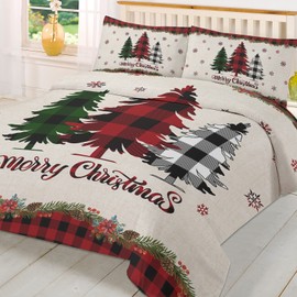 3 Piece Comforter Cover Set Queen, Merry Christmas Plaid Xmas Tree and Snowflakes Red Lattice Border Duvet Cover Set Soft Bedding Set for Kids Teens Children Adults (1 Duvet Cover and 2 Pillowcases)
