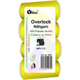 Pack of 4 spools overlock sewing thread, yellow, 2743 m, NE 40/2, 100% polyester, sewing thread, sewing machine yarn, 2980