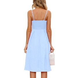 FANCYINN Women's Tie Front Dress Button Down Spaghetti Strap Cute Midi Dress A Line Swing Dress for Women Light Blue M