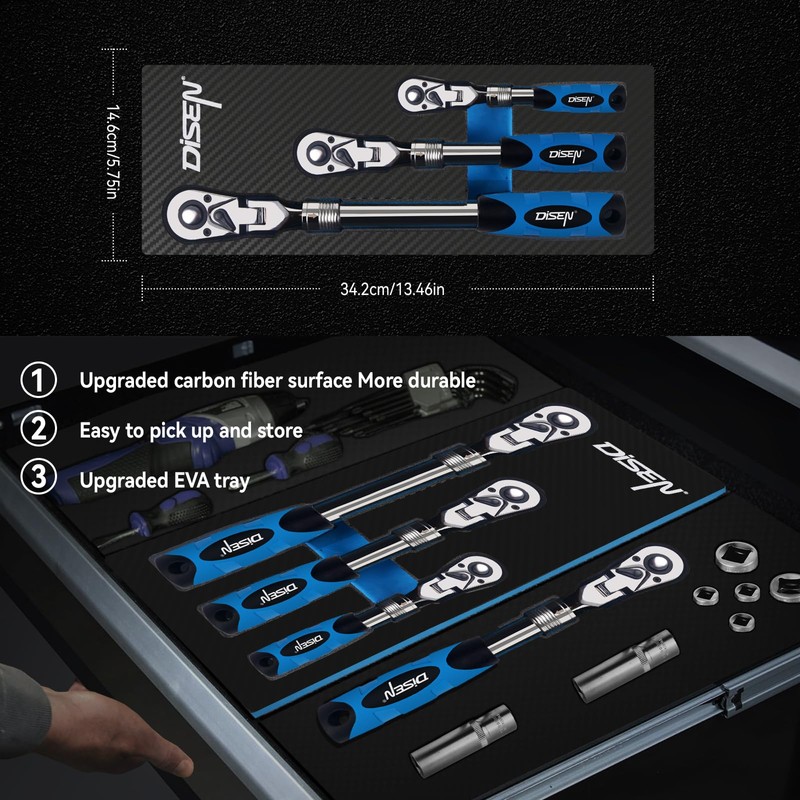 DISEN 3-Piece Extendable Flex-Head Ratchet Wrench Set with EVA Storage