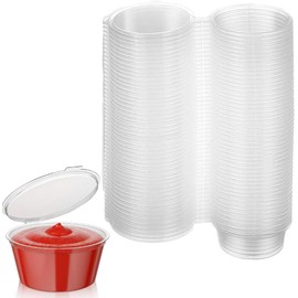 BFGLLY 50 Pack Reusable Plastic Pots, Round Food Containers, Sauce Pots, Plastic Pots with Lids, Sauce Cups Perfect for Take Away, Restaurants, Chutney, Ketchup Container - 2oz (50ml)