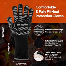BBQ Gloves Heat and Flame Resistant Protection - Oven and Grill Gloves Hand Protection, Extended Wrist for Addtional Safety, Ideal for Outdoor Cooking, Grilling, Barbeque and Campfire (Grey)