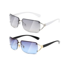 MASDUN Stylish Rimless Frameless Rectangle Sunglasses for Womens Surrounded designer trendy men (White Frame White Silver Lens/Blue Lenses)
