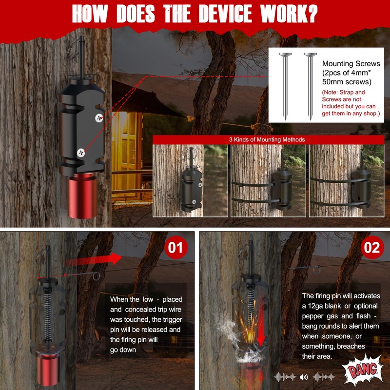 Perimeter Trip Alarm, 12 Gauge Camping Trip Wire Alarm Device,