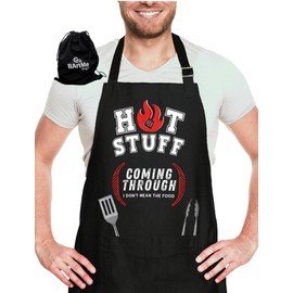 BARTME DESIGN Funny Cooking Apron Reusable Gift Bag - Kitchen Grilling Chef BBQ Men - 100% Cotton Pockets - Hot Stuff Coming Through
