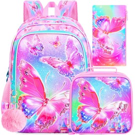 UFNDC 3PCS Kids Butterfly Backpack, 16" Girls Bookbag with Lunch Box, Water Resistant School Bag for Elementary Preschool Toddler