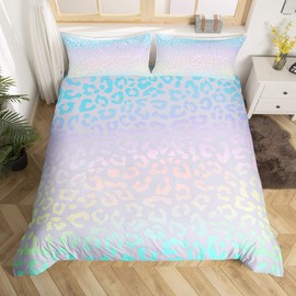 Homemissing Leopard Print Duvet Cover Set Cheetah Print Bedding Set for Kids Boys Girls Safari Wild Animal Decor Comforter Cover Set Microfiber Ombre Bedspread Cover Pink Blue Bedclothes Single