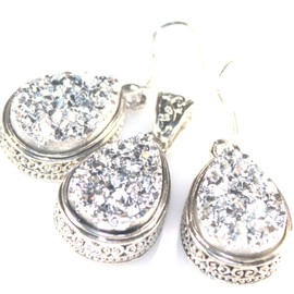 SILVER Vintage Style Shiny Silver Titanium Druzy Teardrop Pendant & Earrings Jewelry Set