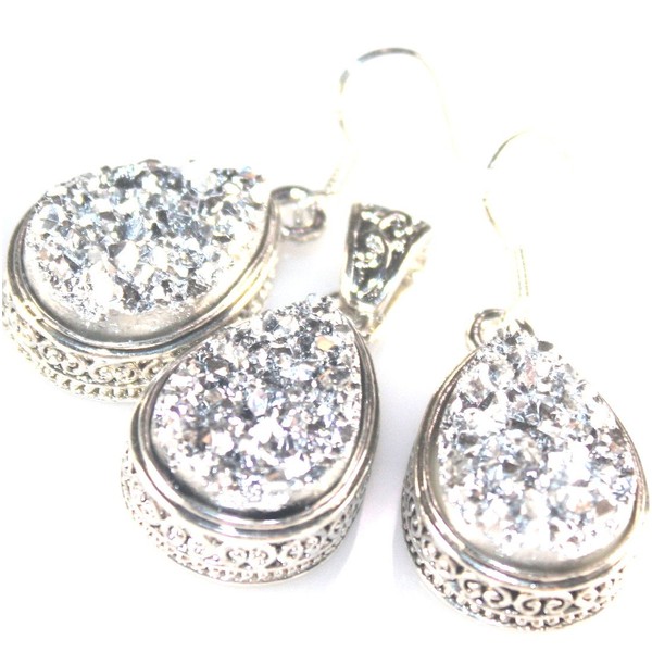 SILVER Vintage Style Shiny Silver Titanium Druzy Teardrop Pendant &
