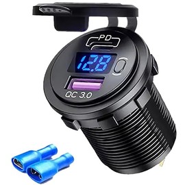 Cargador de Coche USB C, 30 W PD Tipo C y 18 W QC, carga rápida 3.0 doble salida de alimentación USB de de coche interruptor, cargador rápido impermeable de 12V/24V Con Voltímetro LED para motocicleta
