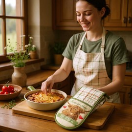 Highland Cow Kitchen Set, Cotton Blend Apron and Double Oven Glove, White and Green Plaid Pattern with 'Home is Where the Herd is' Design