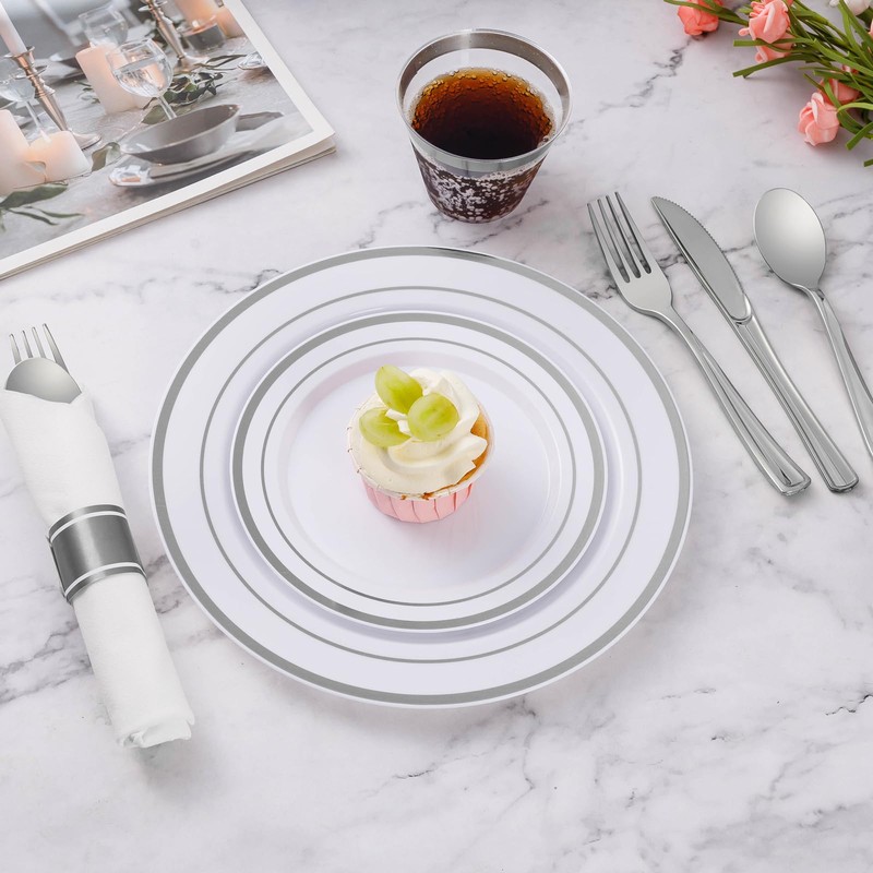Goodluck 350 Piece Silver Plastic Dinnerware Set for 50 Guests,