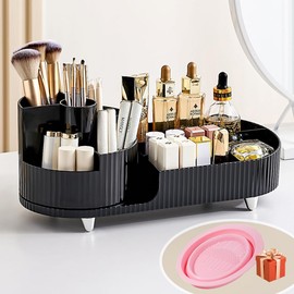 Makeup Organiser, 360 Rotating Makeup Organiser, Rotating Compartment 2 In 1 Cosmetic Storage, Makeup Organizer Storage Is Perfect for Dresser, Bathroom, Bedroom (Black)