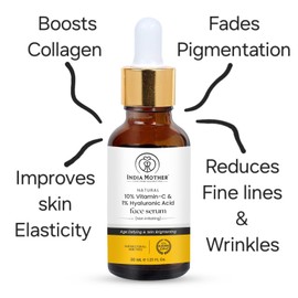 INDIA MOTHER 10% Vitamin C Face Serum with 1% Hyaluronic Acid – Tested Solution for Dark Spots, Pigmentation & Hydrated Skin, For both Men and Women|30 ml|Water based serum| Black white & yellow