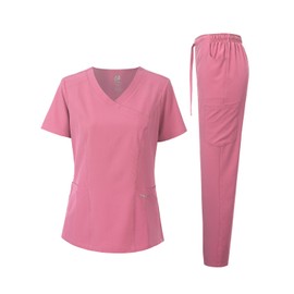 Dagacci Medical Uniform Women's Scrub Set 4-Way Stretch Y-Neck Stitch Tape Top and Pants (Rose Pink, Small)